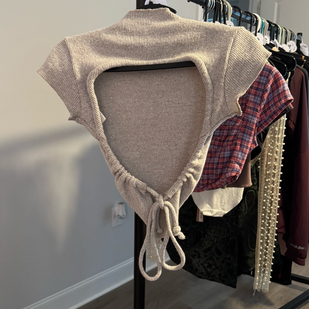 ARE YOU AM I Oatmeal Open Back Crop Top - Picture 1 of 3